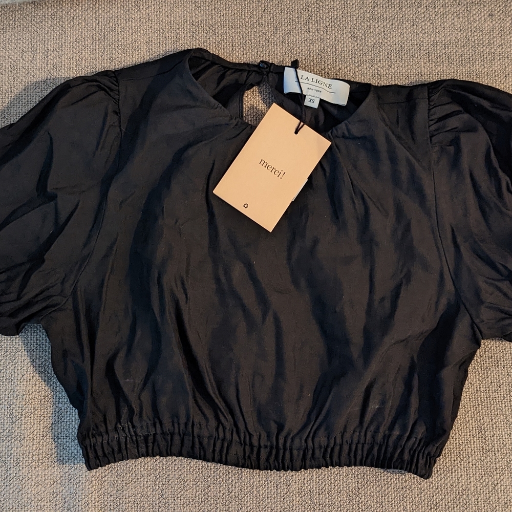 La Ligne cropped gathered linen blend top